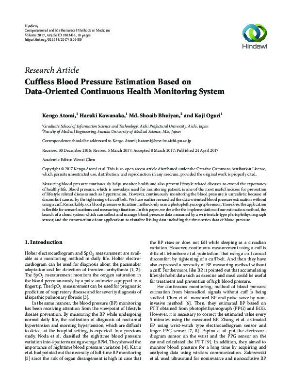 (PDF) Cuffless Blood Pressure Estimation Based on Data-Oriented ...