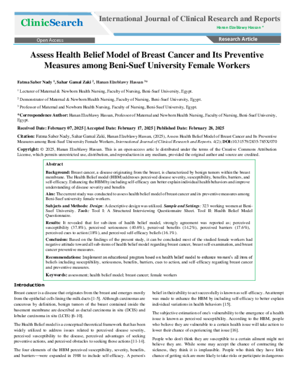 (PDF) Assess Health Belief Model of Breast Cancer and Its Preventive ...