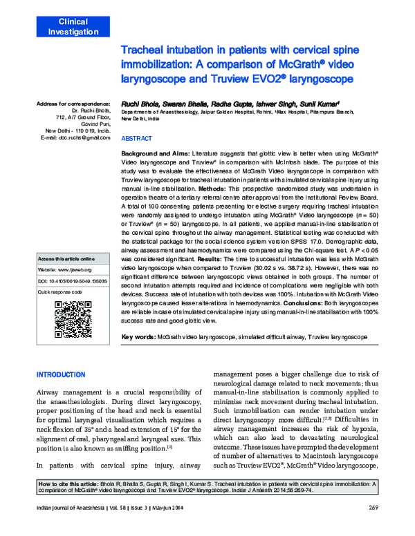 (PDF) Tracheal intubation in patients with cervical spine ...