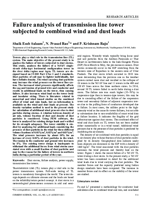 (PDF) Failure analysis of transmission line tower subjected to combined ...