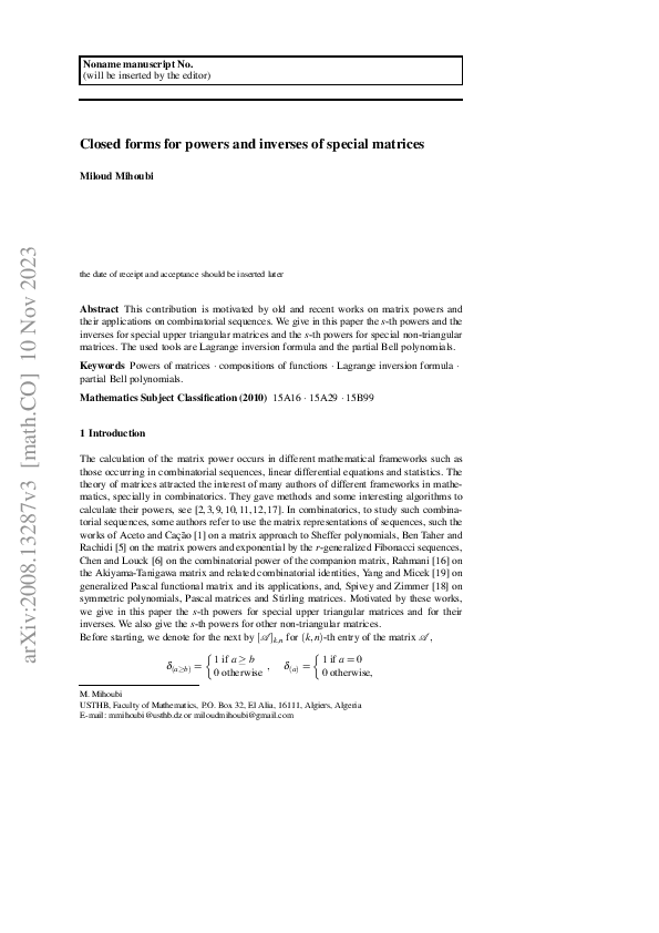 (PDF) Powers and inverses of special upper triangular matrices