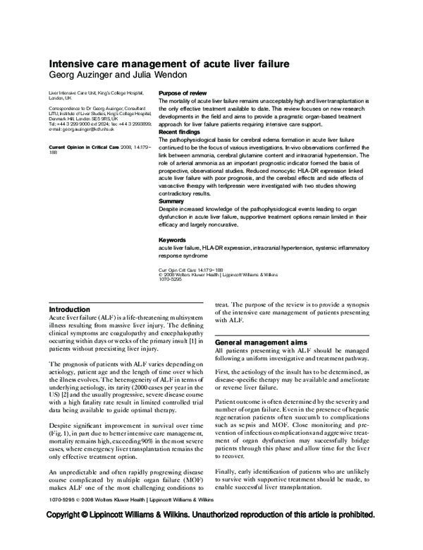 (PDF) Intensive Care Management of Acute Liver Failure