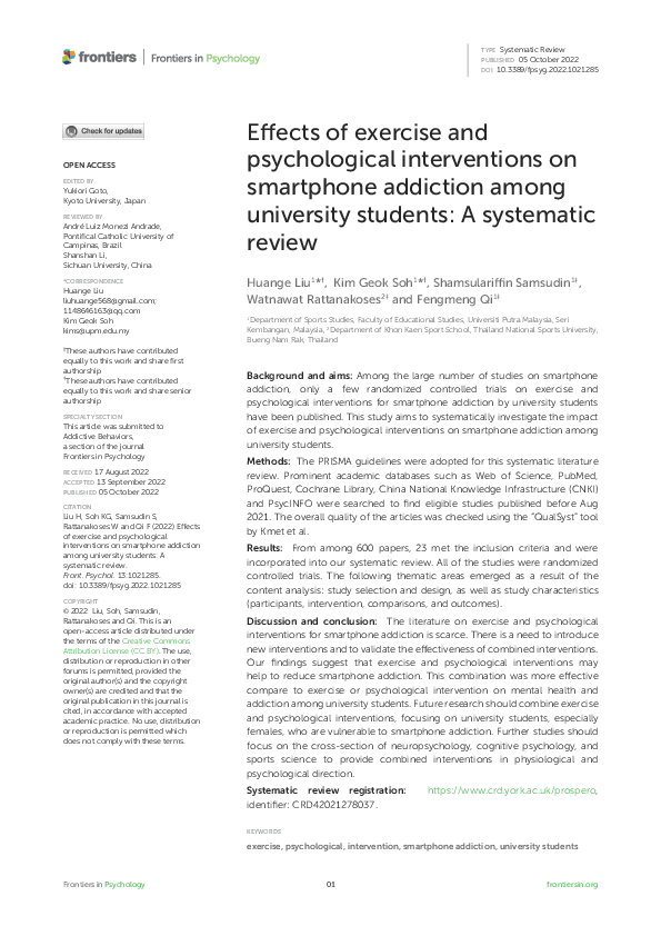 (PDF) Effects of exercise and psychological interventions on smartphone ...