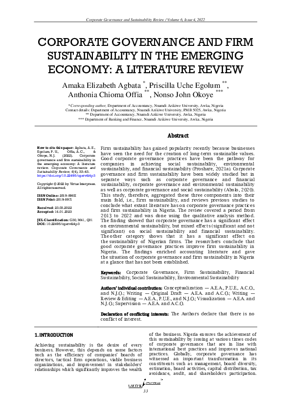 (PDF) Corporate governance and firm sustainability in the emerging ...