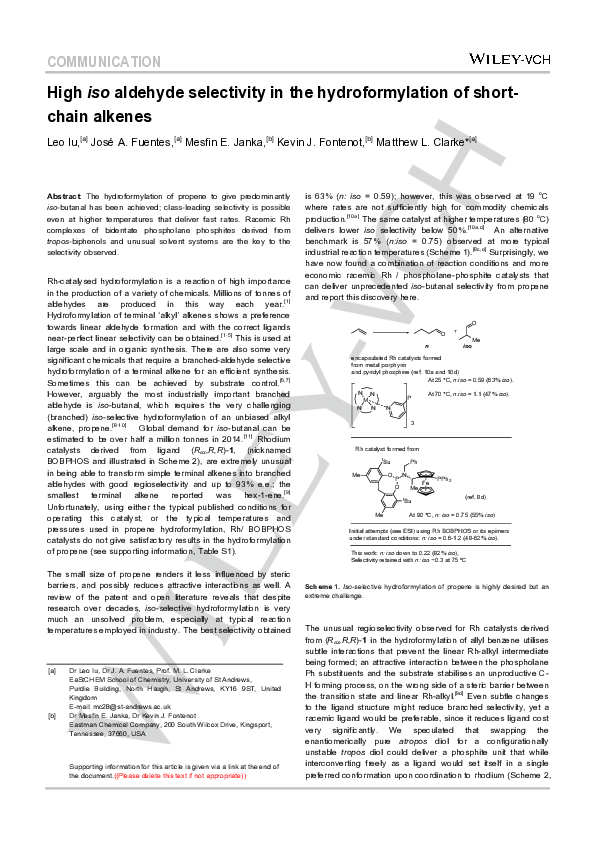 (PDF) High iso Aldehyde Selectivity in the Hydroformylation of Short ...