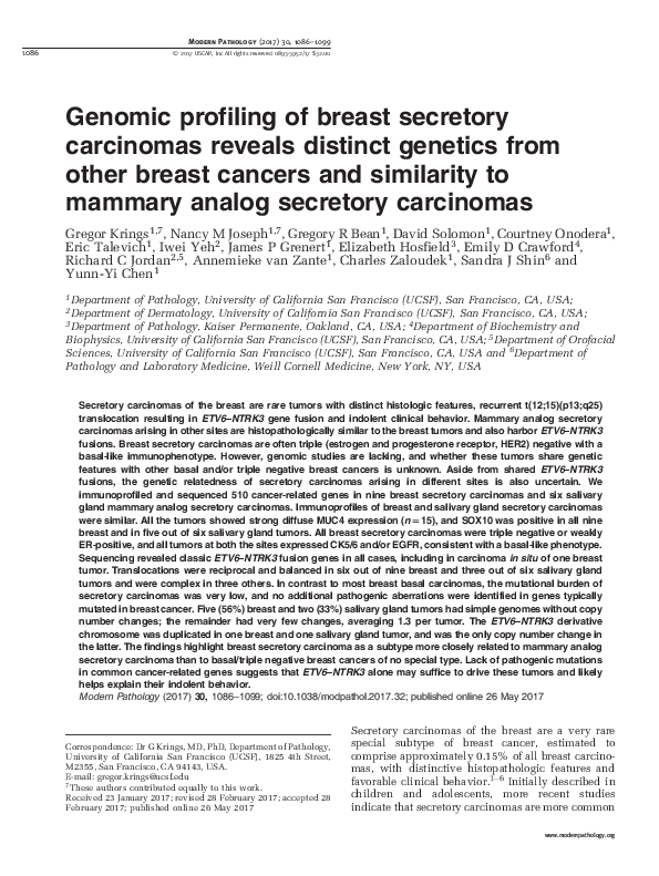 (PDF) Genomic profiling of breast secretory carcinomas reveals distinct ...