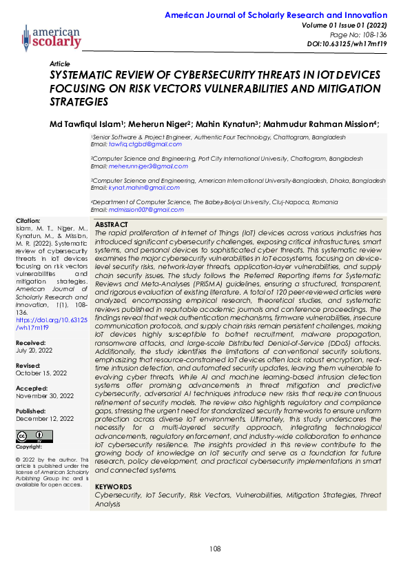 (PDF) SYSTEMATIC REVIEW OF CYBERSECURITY THREATS IN IOT DEVICES ...