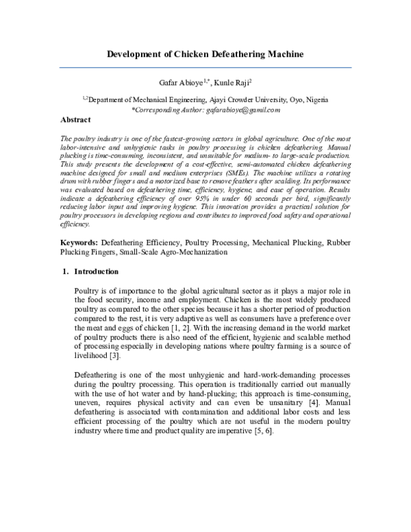 (PDF) Development of Chicken Defeathering Machine