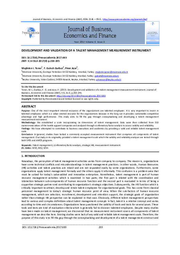 (PDF) Development and validation of a talent management measurement ...
