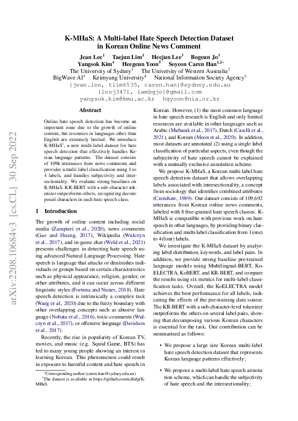 (PDF) K-MHaS: A Multi-label Hate Speech Detection Dataset in Korean ...