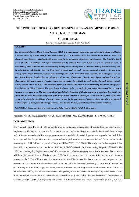 (PDF) The Prospect of Radar Remote Sensing in Assessment of Forest ...