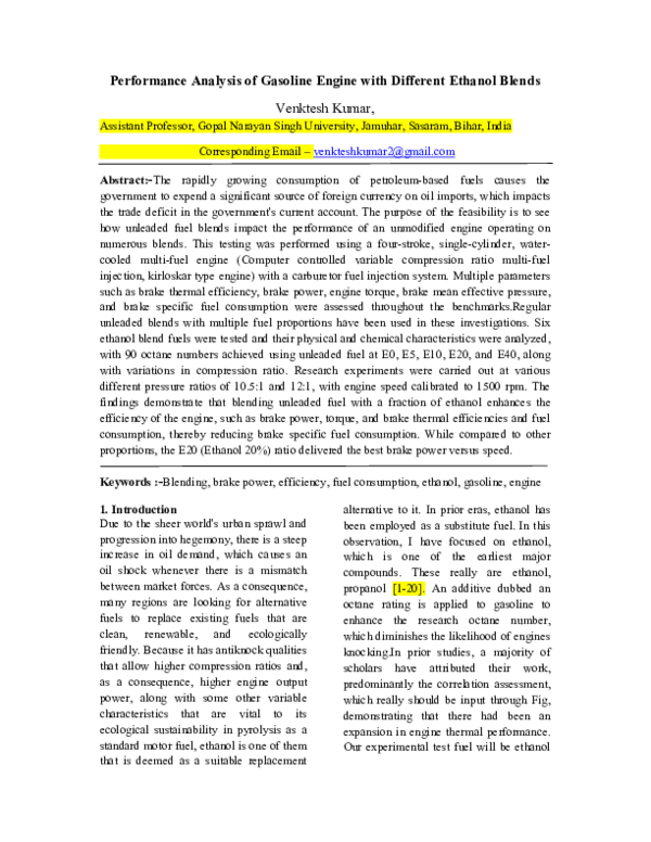 (PDF) Performance Analysis of Gasoline Engine with Different Ethanol Blends