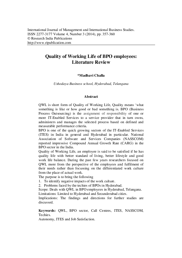 (PDF) Quality of Working Life of BPO employees : Literature Review