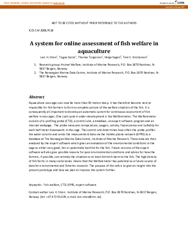 (PDF) A system for online assessment of fish welfare in aquaculture