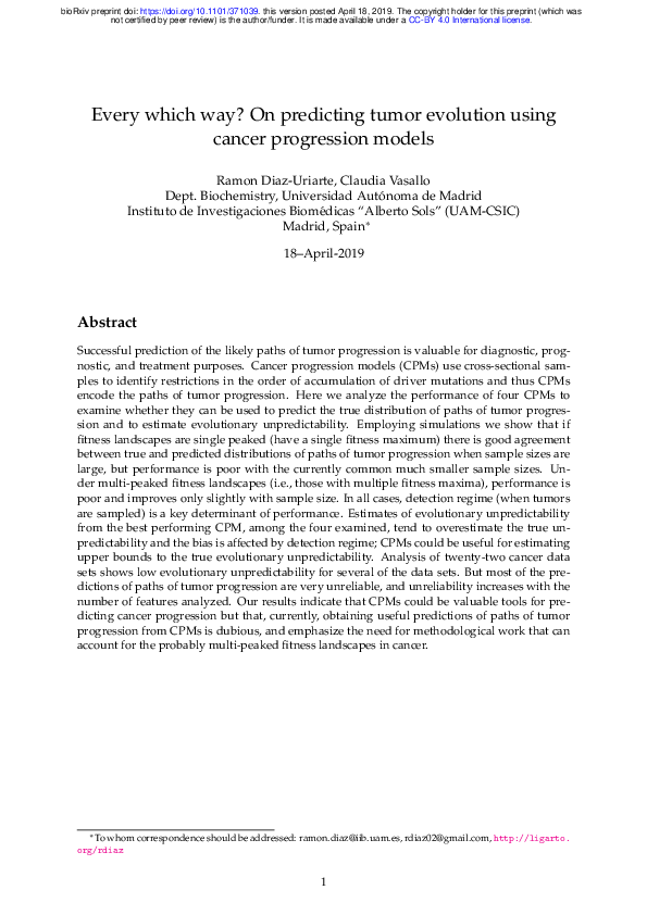 (PDF) Every which way? On predicting tumor evolution using cancer ...
