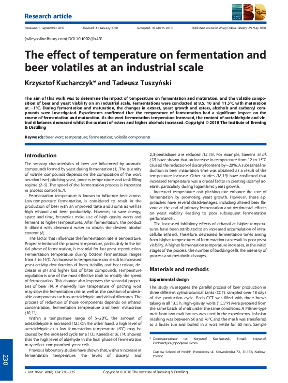 (PDF) The effect of temperature on fermentation and beer volatiles at ...