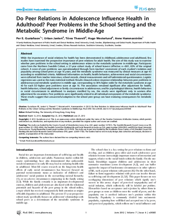 (PDF) Do Peer Relations in Adolescence Influence Health in Adulthood ...