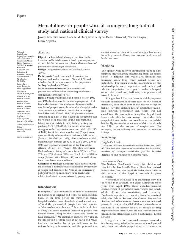 (PDF) Mental illness in people who kill strangers: longitudinal study ...