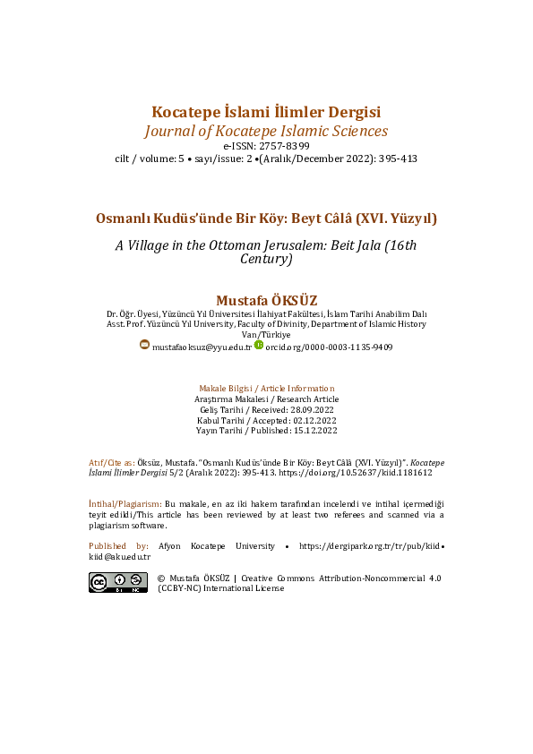 (PDF) A Village in the Ottoman Jerusalem: Beit Jala (16th Century ...