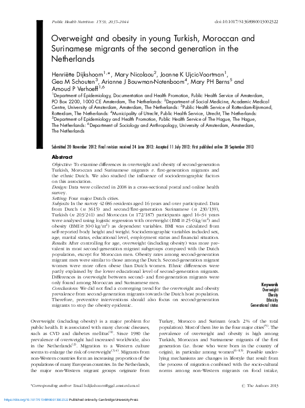 (PDF) Overweight and obesity in young Turkish, Moroccan and Surinamese ...