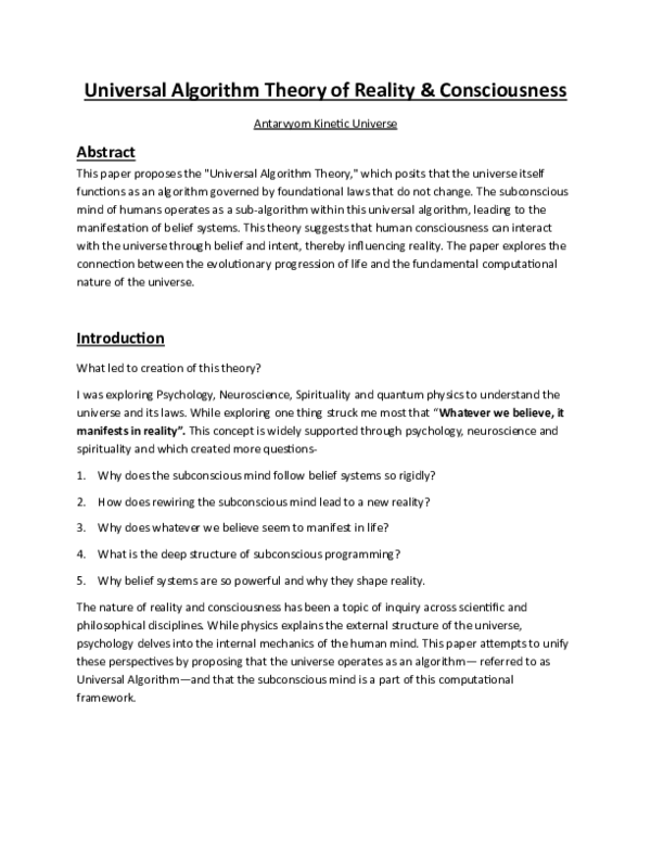 (PDF) Universal Algorithm Theory of Reality & Consciousness