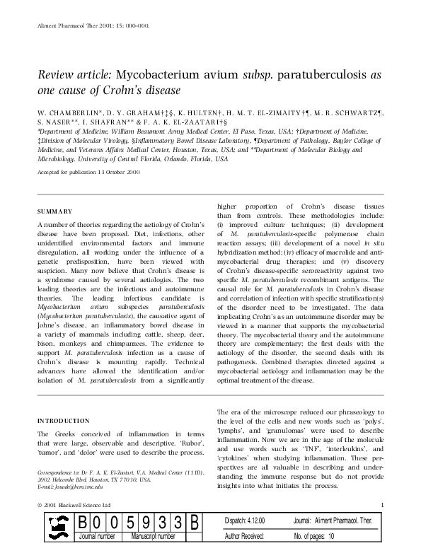 (PDF) Mycobacterium avium subsp. paratuberculosis as one cause of Crohn ...