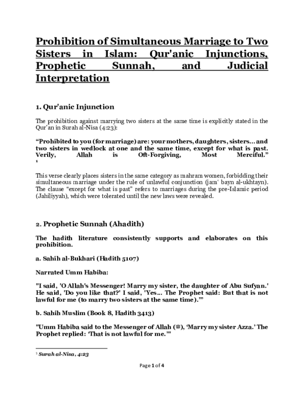 (PDF) Prohibition of Simultaneous Marriage to Two Sisters in Islam: Qur ...