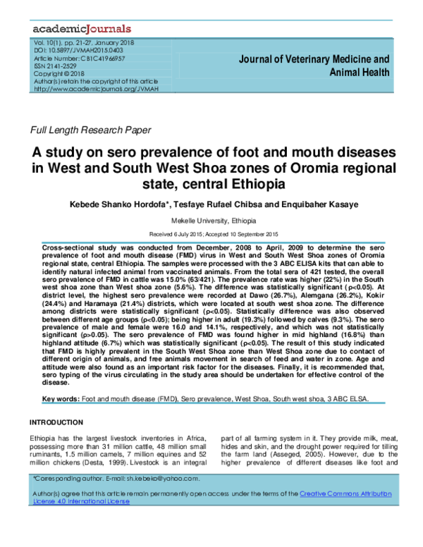 (PDF) A study on sero prevalence of foot and mouth diseases in West and ...