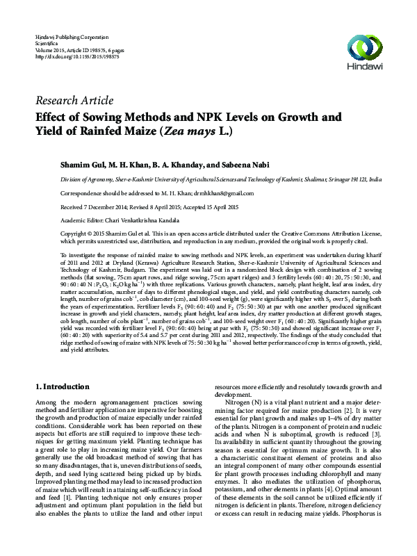 (PDF) Effect of Sowing Methods and NPK Levels on Growth and Yield of ...