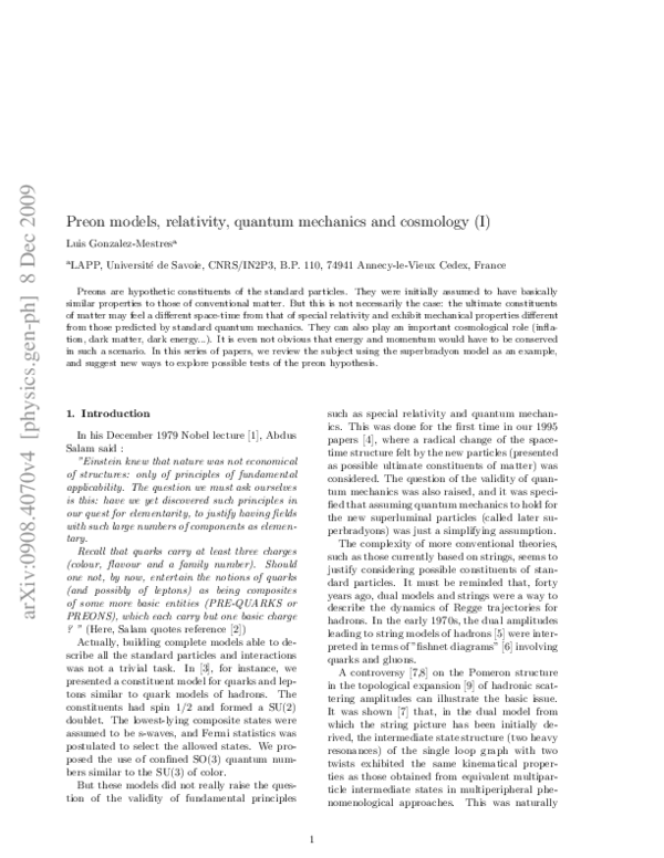 (PDF) Preon models, relativity, quantum mechanics and cosmology (I)