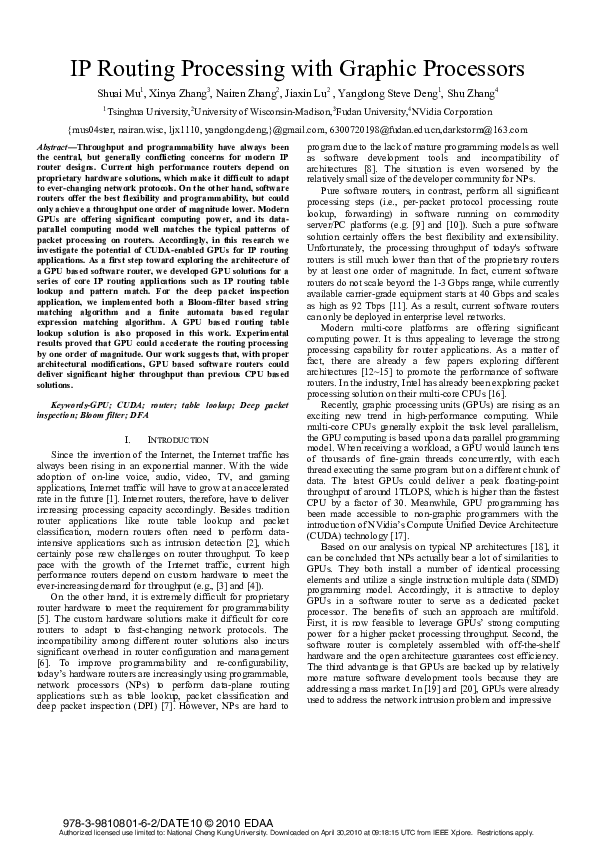 (PDF) IP routing processing with graphic processors