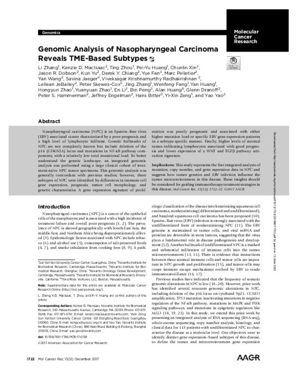 (PDF) Genomic Analysis of Nasopharyngeal Carcinoma Reveals TME-based ...