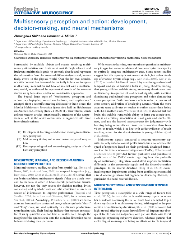 (PDF) Multisensory perception and action: development, decision-making ...