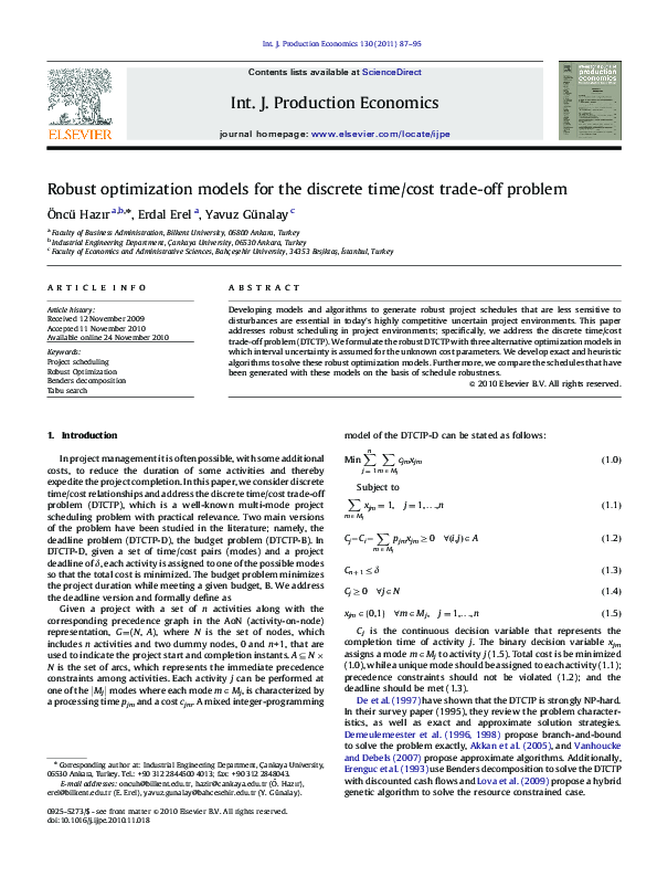 (PDF) Robust optimization models for the discrete time/cost trade-off ...