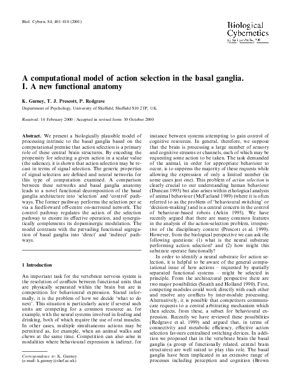 (PDF) A computational model of action selection in the basal ganglia. I ...