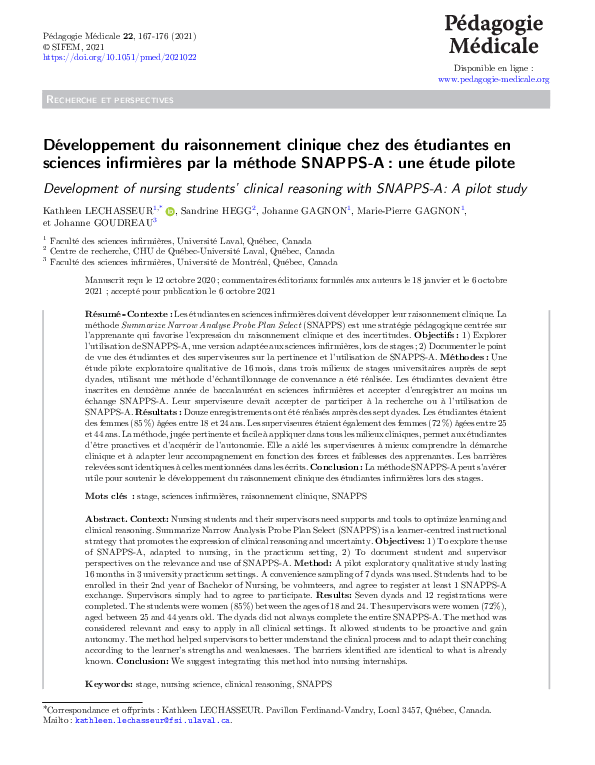 (PDF) Développement du raisonnement clinique chez des étudiantes en ...
