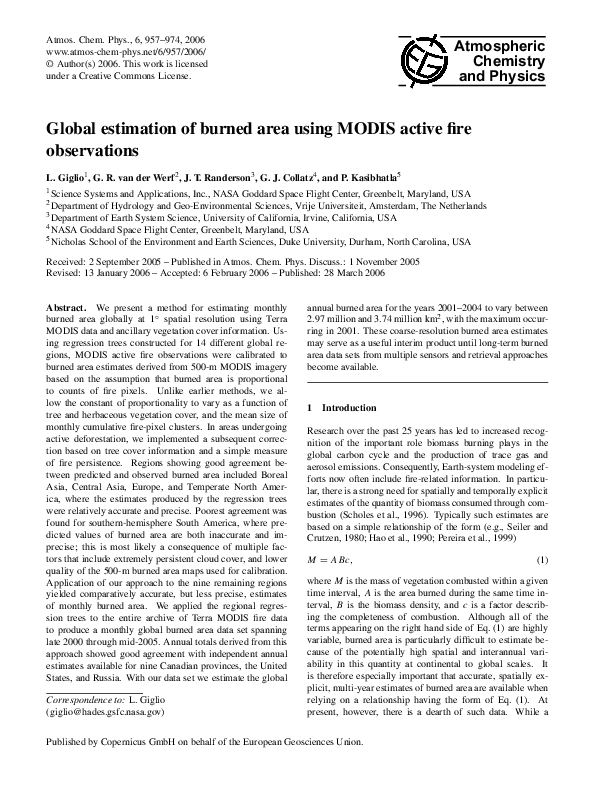 (PDF) Global estimation of burned area using MODIS active fire observations