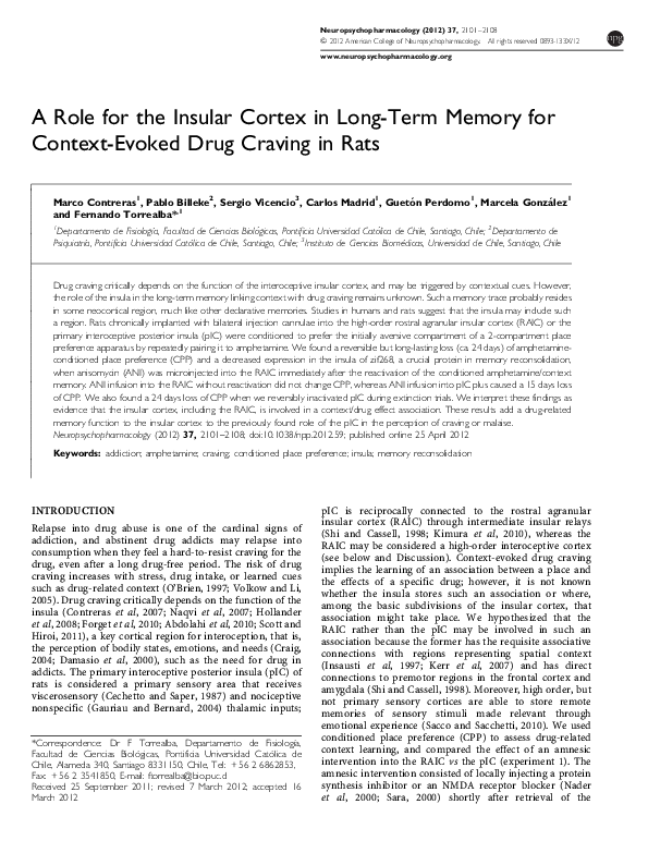 (PDF) A Role for the Insular Cortex in Long-Term Memory for Context ...