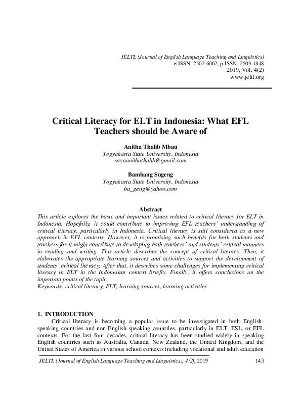 (PDF) Critical Literacy for ELT in Indonesia: What EFL Teachers should ...