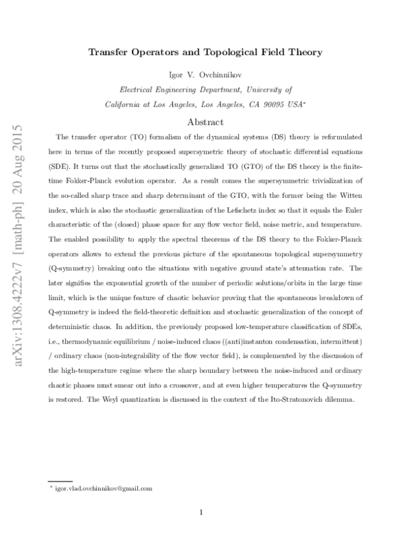 (PDF) Transfer operators and topological field theory