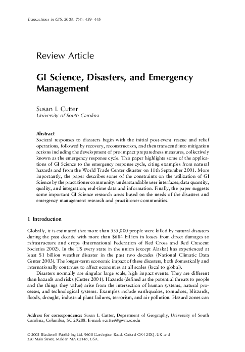 (PDF) GI Science, Disasters, and Emergency Management