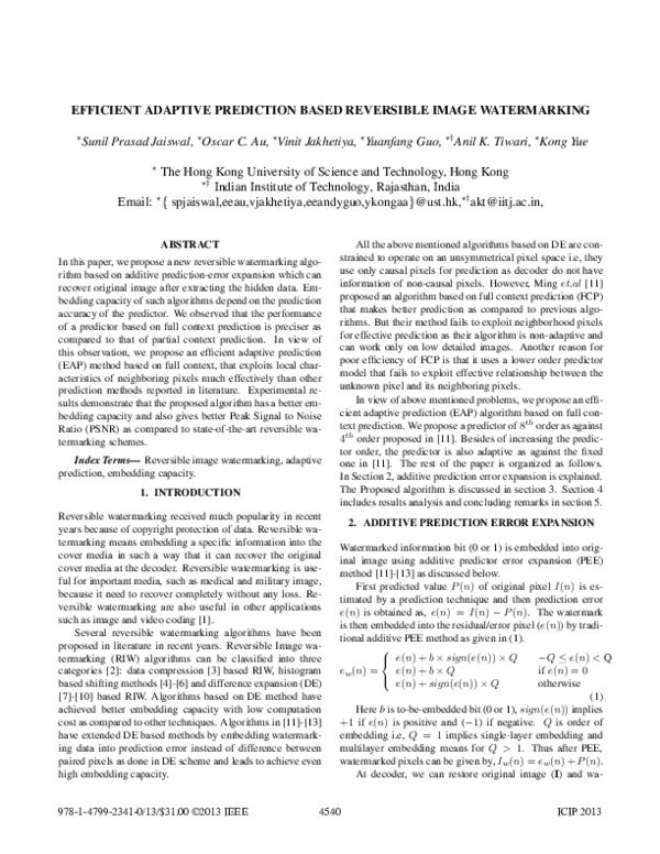 (PDF) Efficient adaptive prediction based reversible image watermarking
