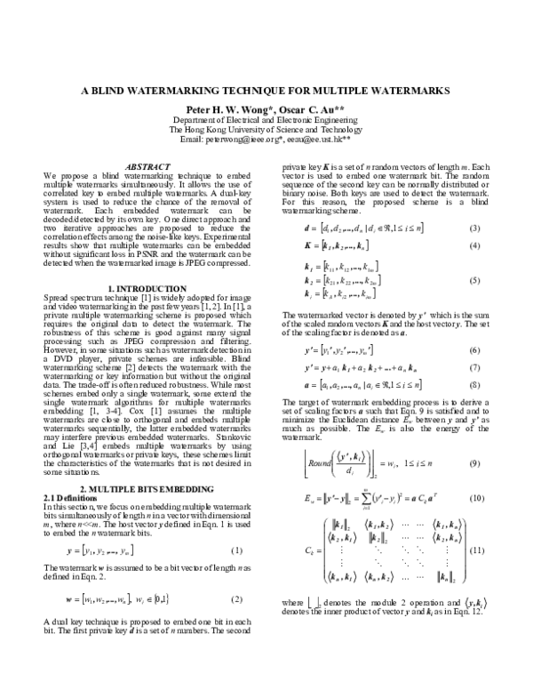 (PDF) A blind watermarking technique for multiple watermarks