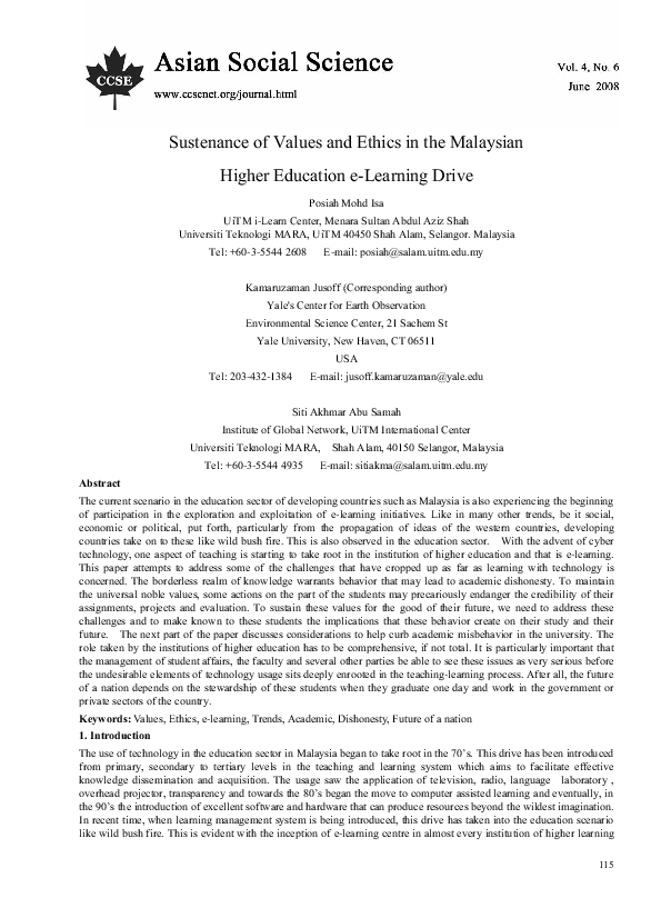 (PDF) Sustenance of Values and Ethics in the Malaysian Higher Education ...