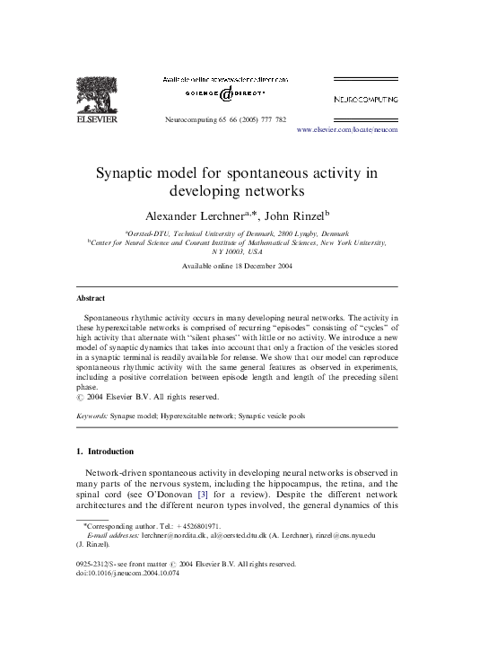 (PDF) Synaptic model for spontaneous activity in developing networks