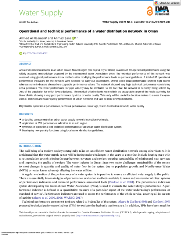 (PDF) Operational and technical performance of a water distribution ...