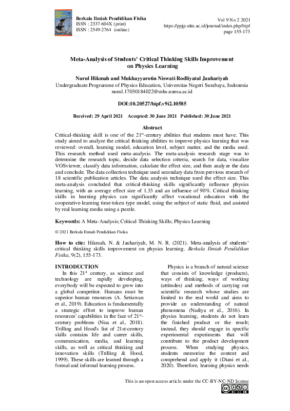 (PDF) Meta-Analysis of Students’ Critical Thinking Skills Improvement ...