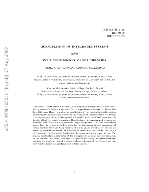 (PDF) Quantization of Integrable Systems and Four Dimensional Gauge ...
