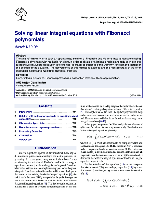 (PDF) Solving linear integral equations with Fibonacci polynomial