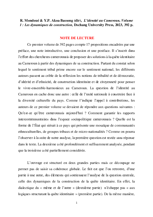 (PDF) NOTE DE LECTURE DU LIVRE SUR L'IDENTITÉ AU CAMEROUN VOL1